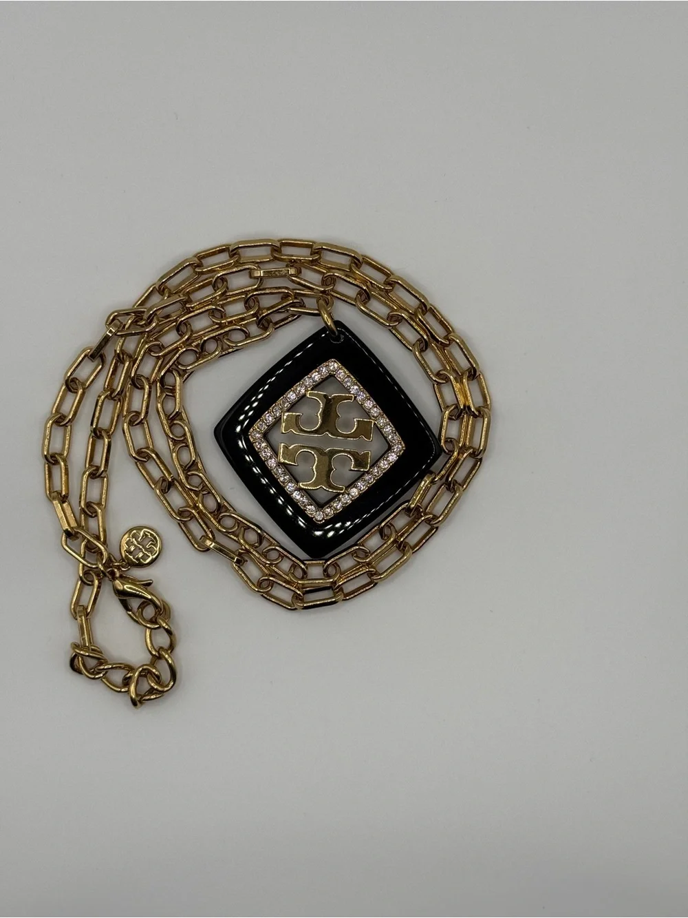Tory Burch Black Enamel & Gold Logo Pendant Necklace